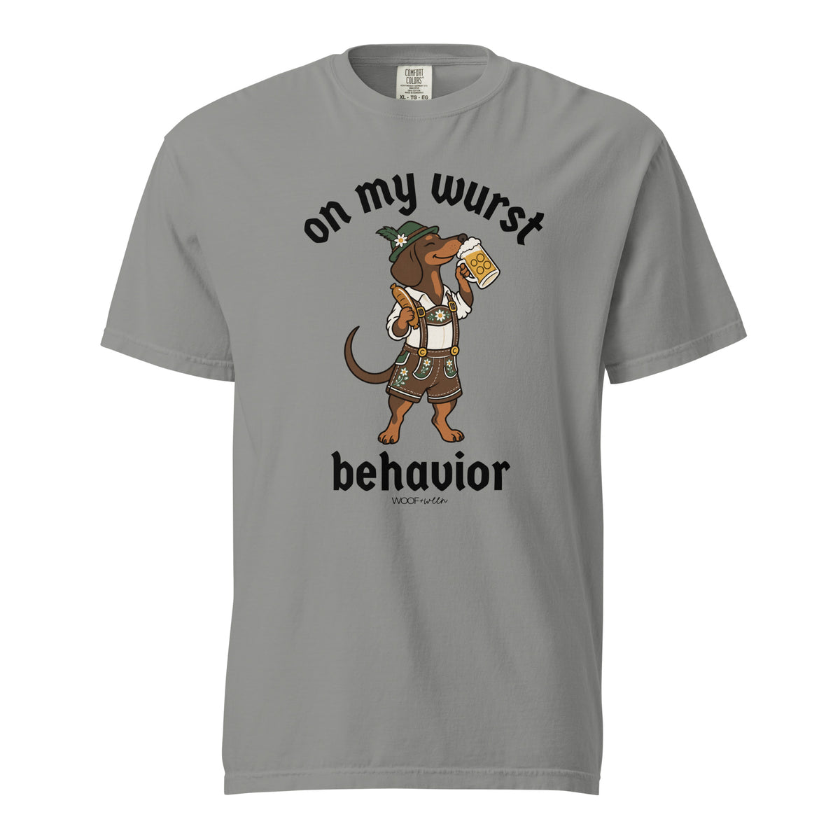 On My Wurst Behavior dachshund Oktoberfest shirt in grey, front print on Comfort Colors garment-dyed tee