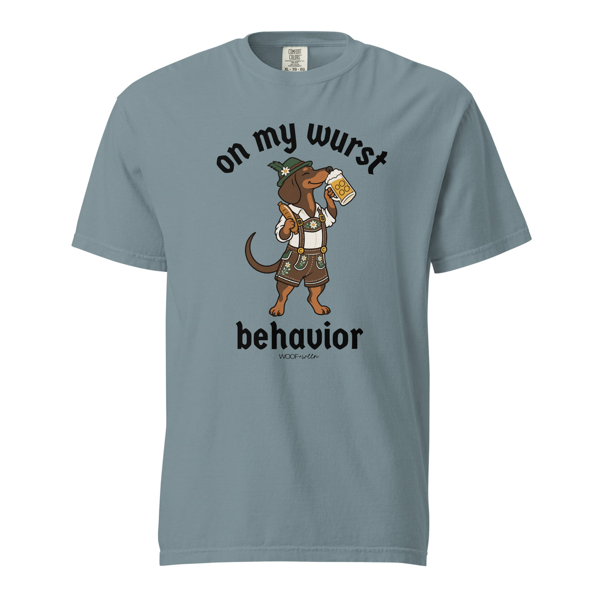 On My Wurst Behavior dachshund Oktoberfest shirt in ice blue, front print on Comfort Colors garment-dyed tee