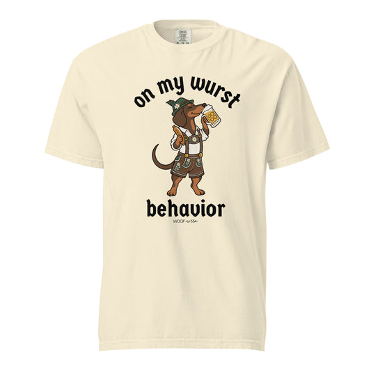 On My Wurst Behavior dachshund Oktoberfest shirt in ivory, front print on Comfort Colors garment-dyed tee