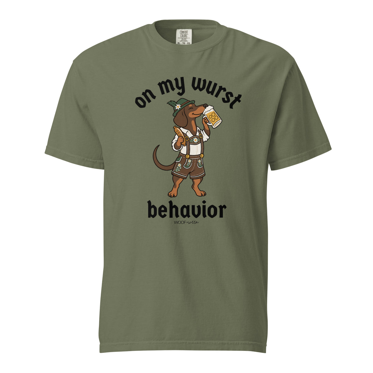 On My Wurst Behavior dachshund Oktoberfest shirt in moss, front print on Comfort Colors garment-dyed tee