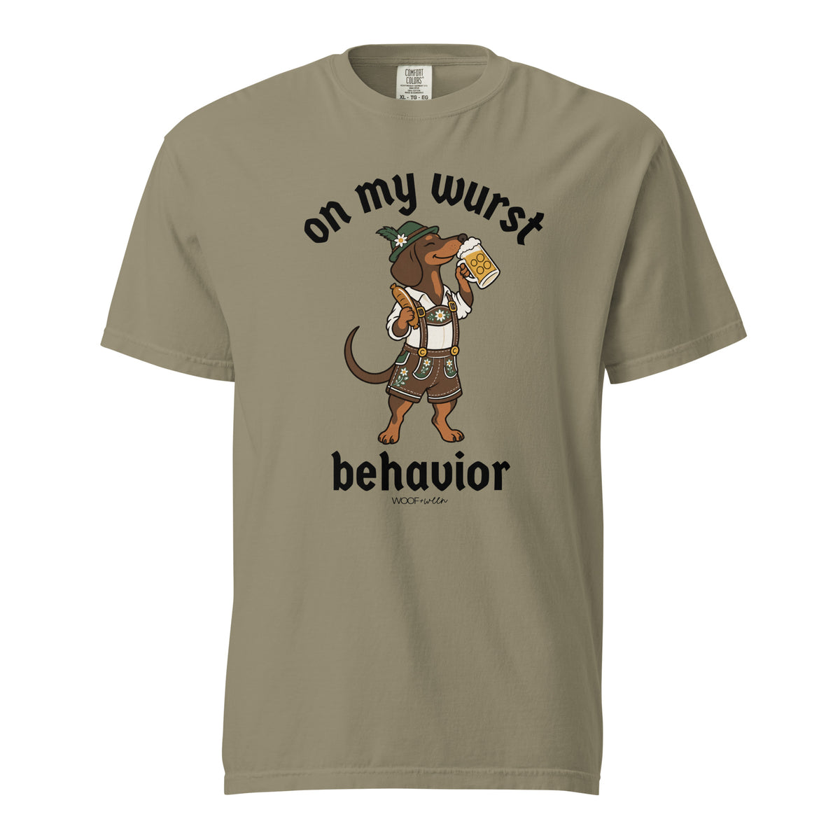 On My Wurst Behavior dachshund Oktoberfest shirt in sandstone, front print on Comfort Colors garment-dyed tee