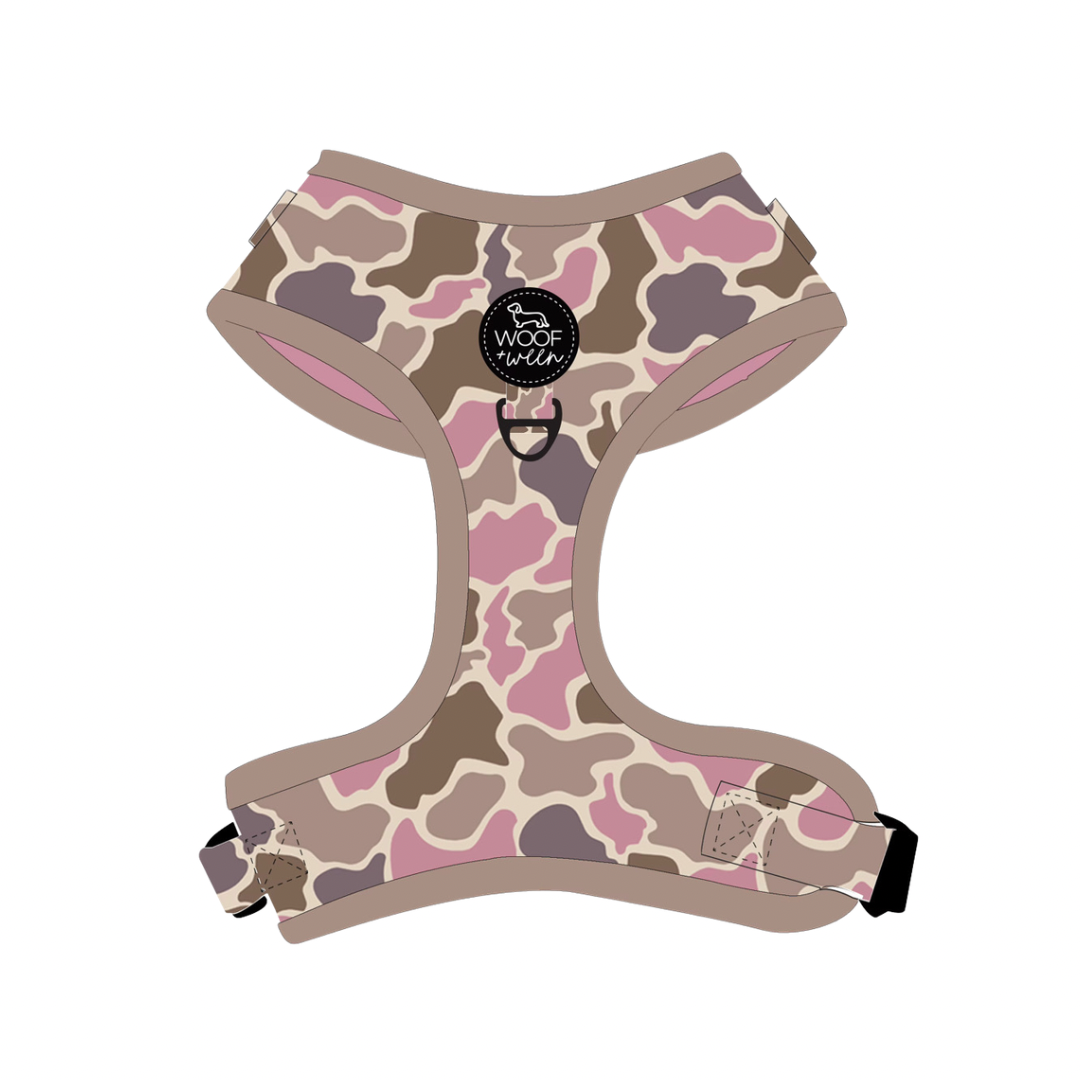 Dachshund wearing Pink Duck Camo adjustable no pull harness