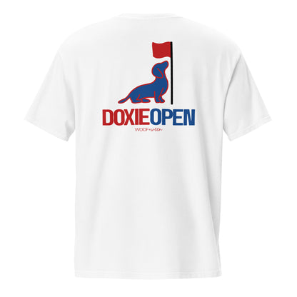 Dachshund golf pocket tee, doxie open design back view