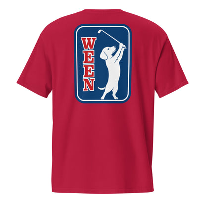 Red dachshund pocket tee, WEENS golf design back detail view