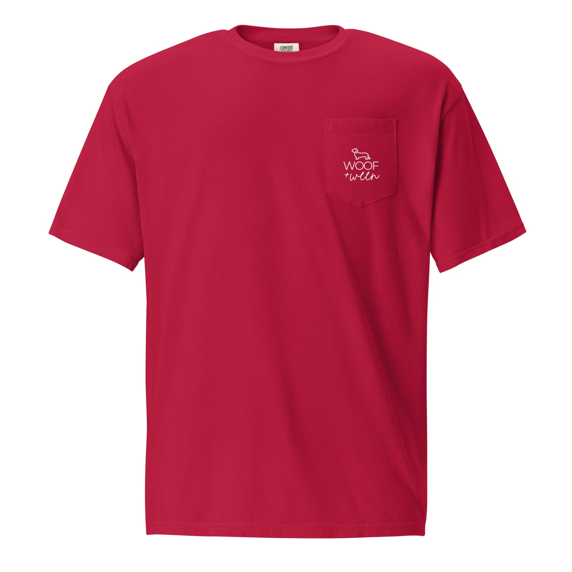 Red dachshund pocket tee, WEENS golf doxie open embroidered pocket front view