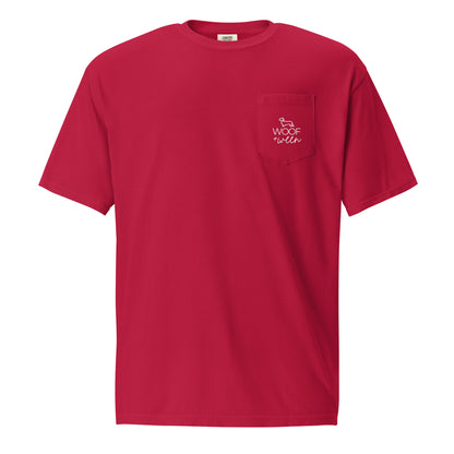 Red dachshund pocket tee, WEENS golf doxie open embroidered pocket front view