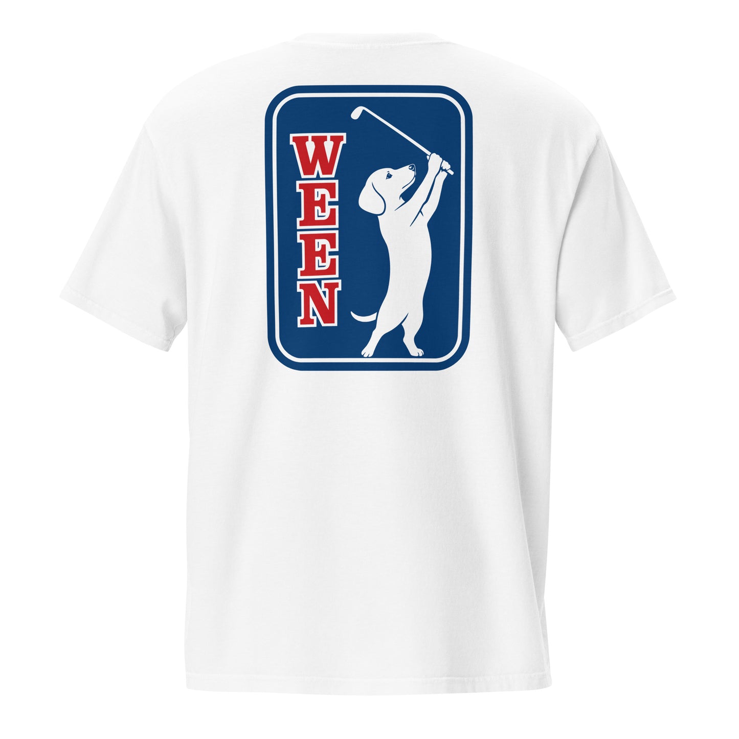 White dachshund pocket tee, WEENS golf doxie open design back view