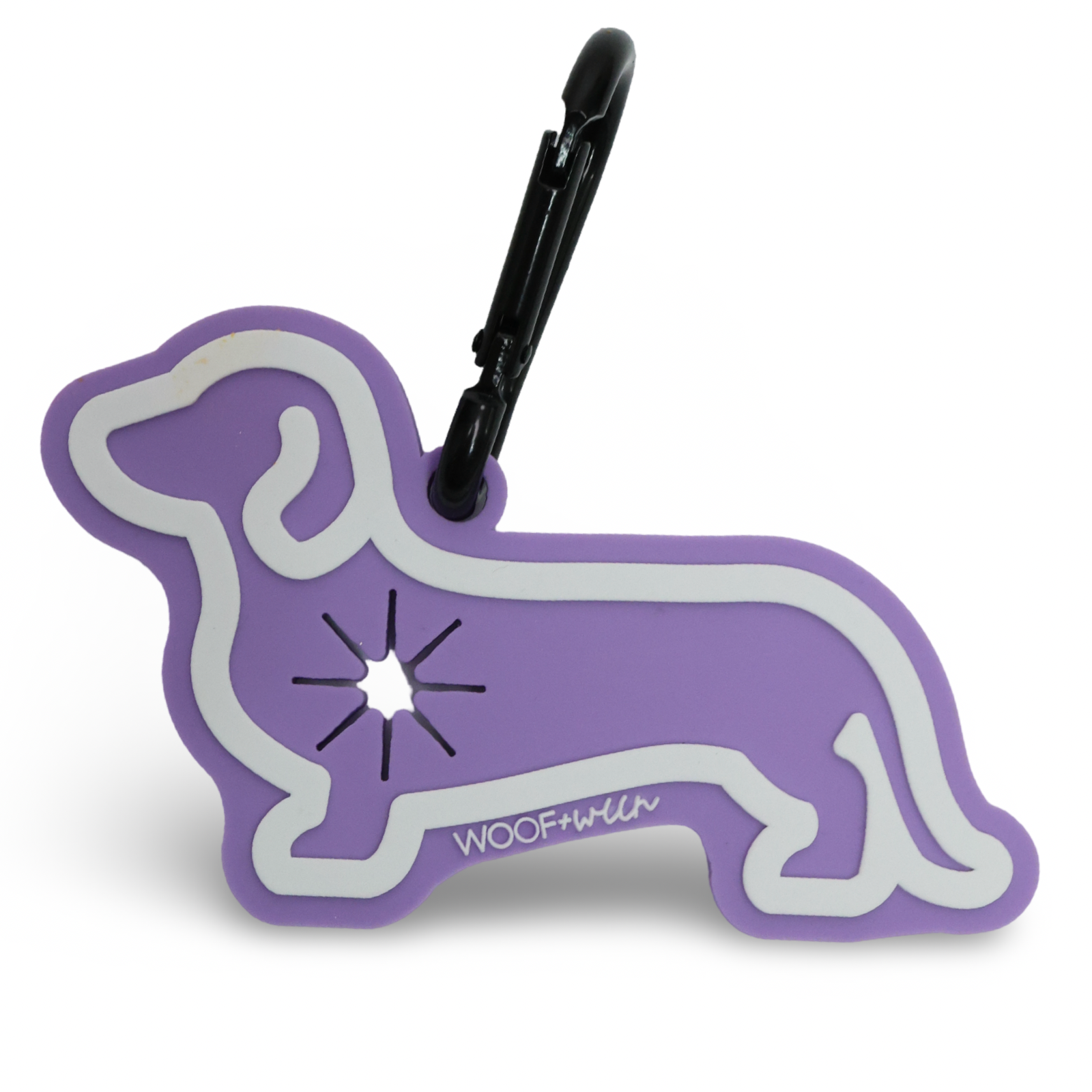 Purple dachshund poo buddy waste bag holder clipped to leash