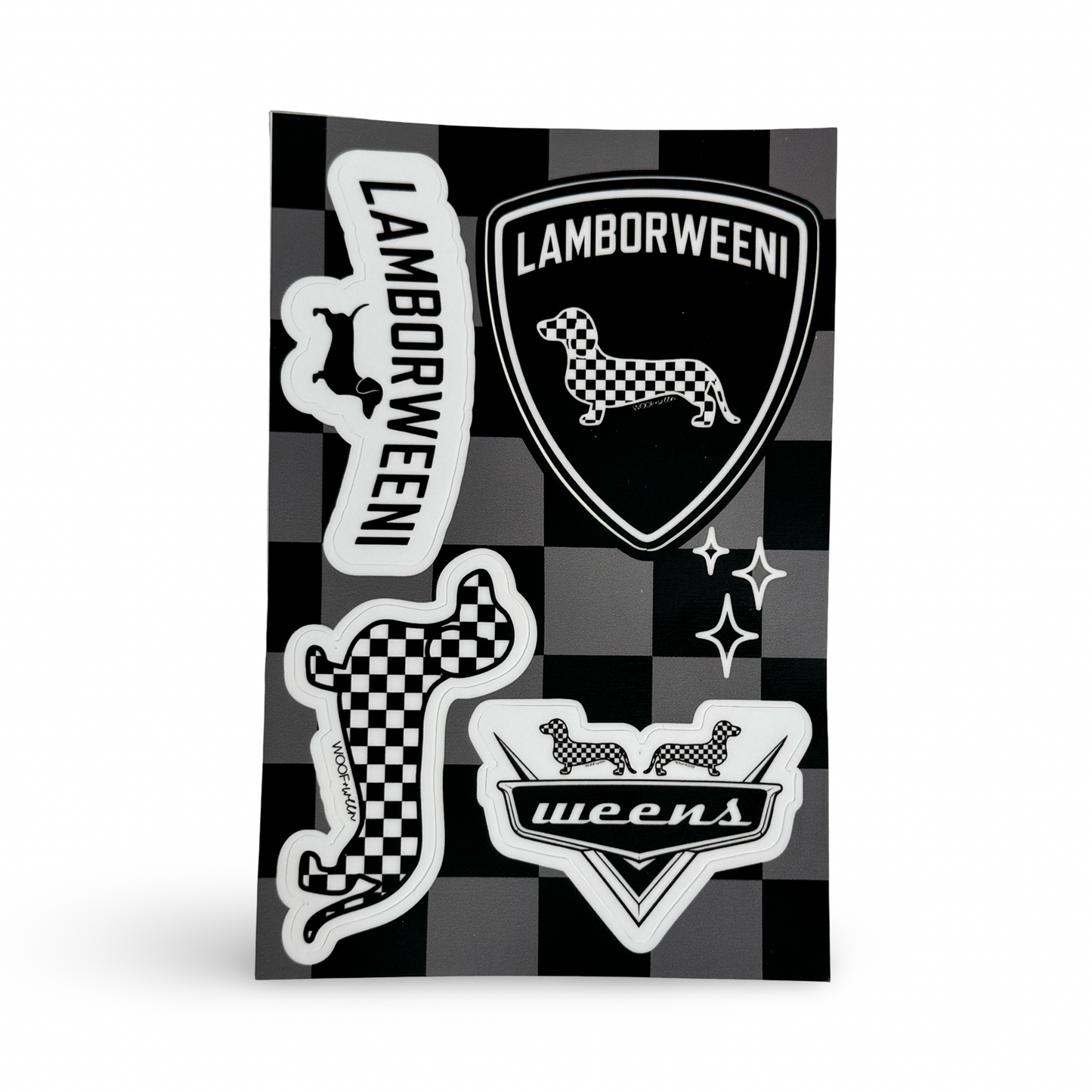 Dachshund racing sticker sheet with four doxie car decals