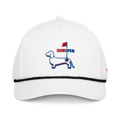 Dachshund golf rope hat, doxie open embroidered cap front view