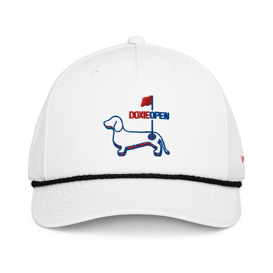 Dachshund golf rope hat, doxie open embroidered cap front view