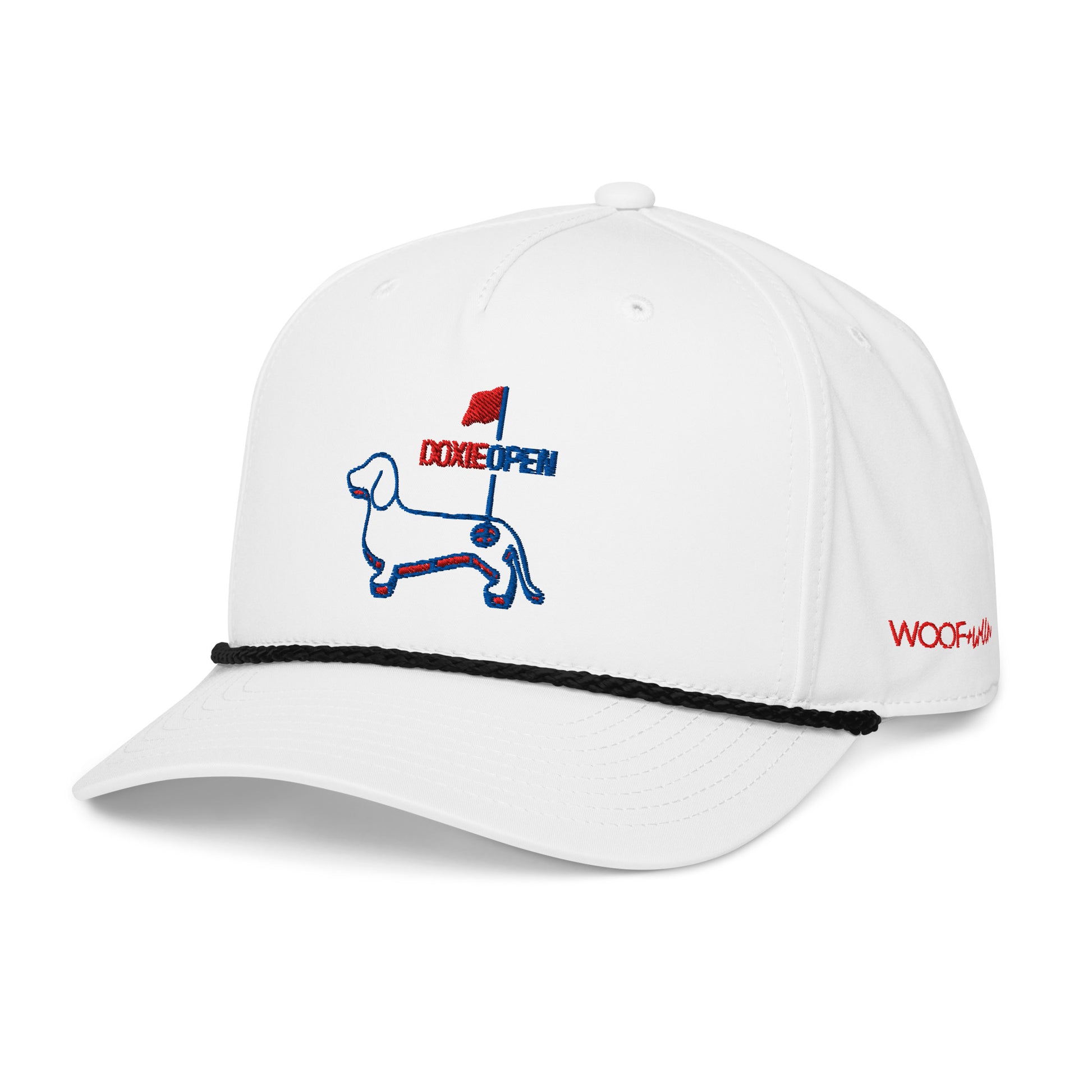Dachshund golf rope hat, doxie open embroidered cap side view