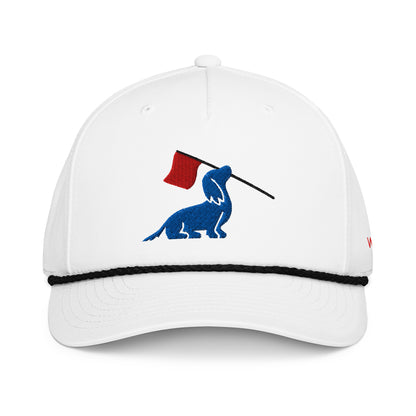 Long hair dachshund rope hat, doxie open embroidered cap front view