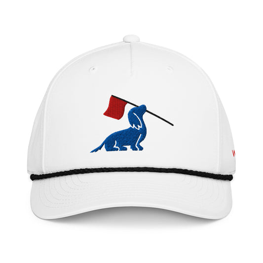 Long hair dachshund rope hat, doxie open embroidered cap front view