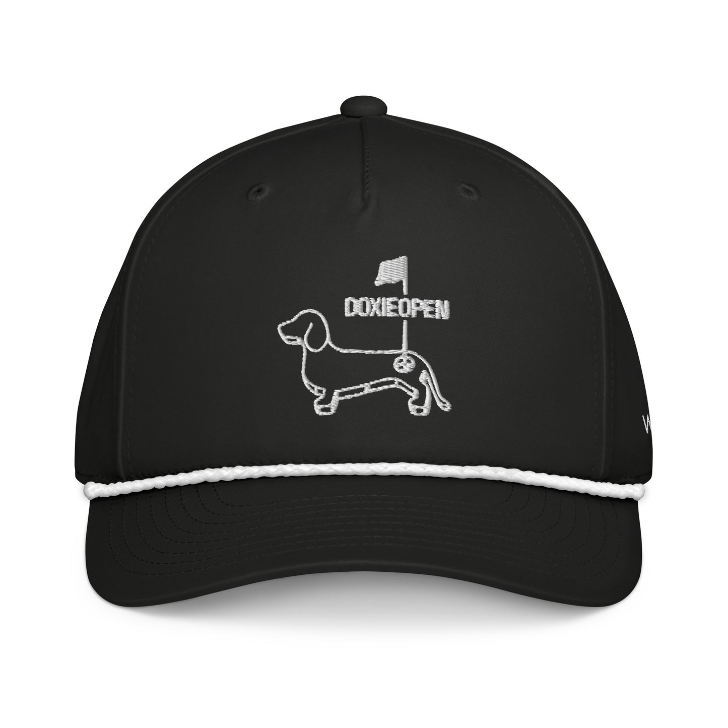 Black and white dachshund golf rope hat, weens on the greens design front view