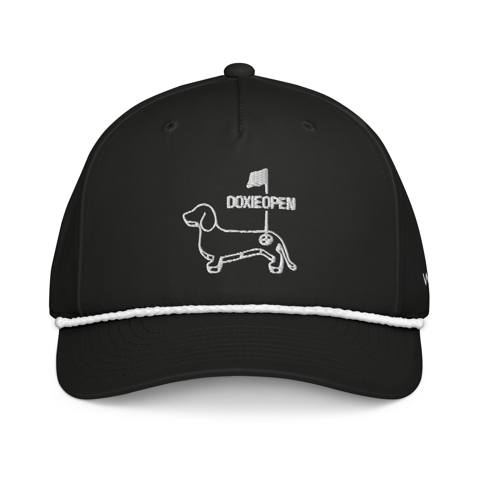 Black and white dachshund golf rope hat, weens on the greens design front view