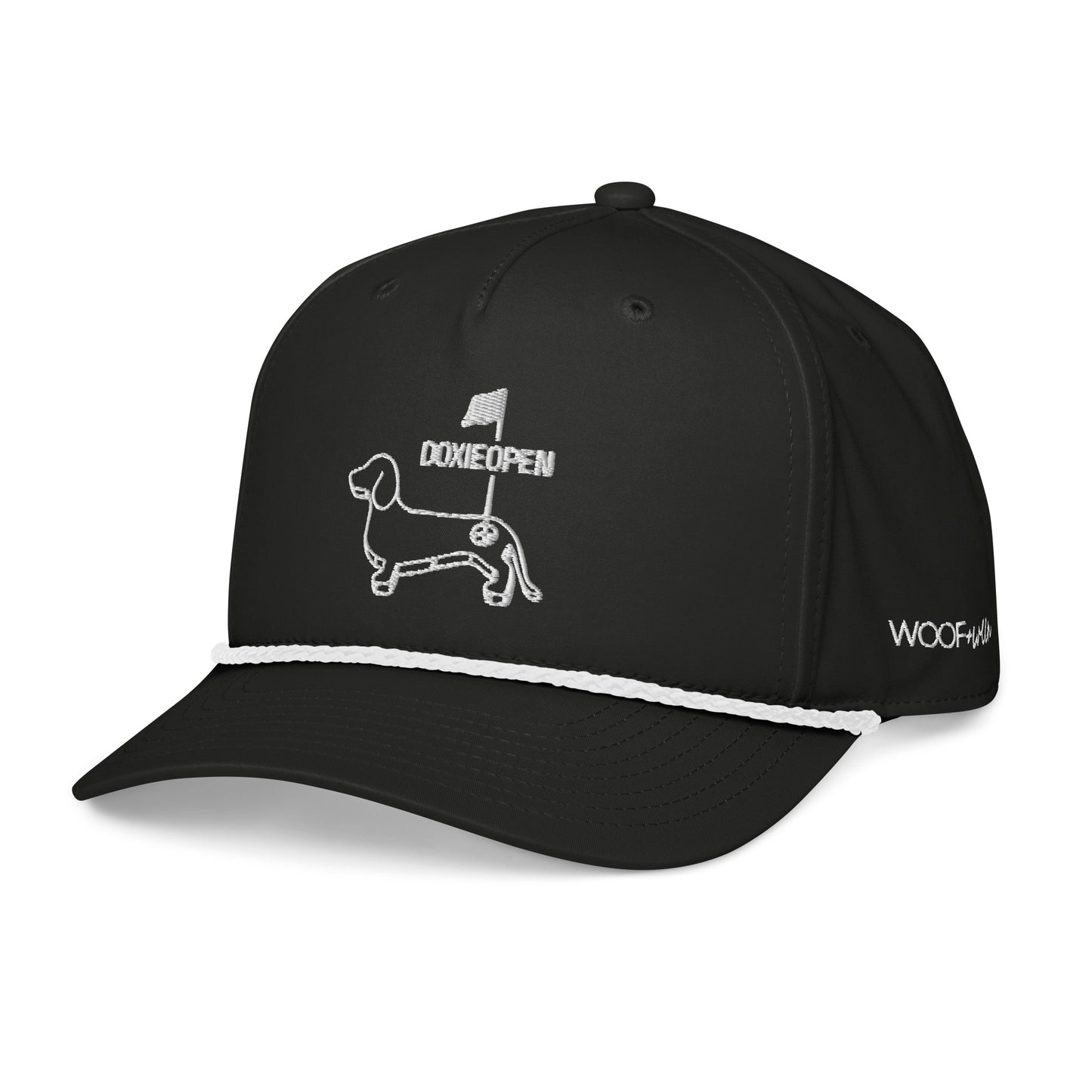 Black and white dachshund golf rope hat, weens on the greens design side view