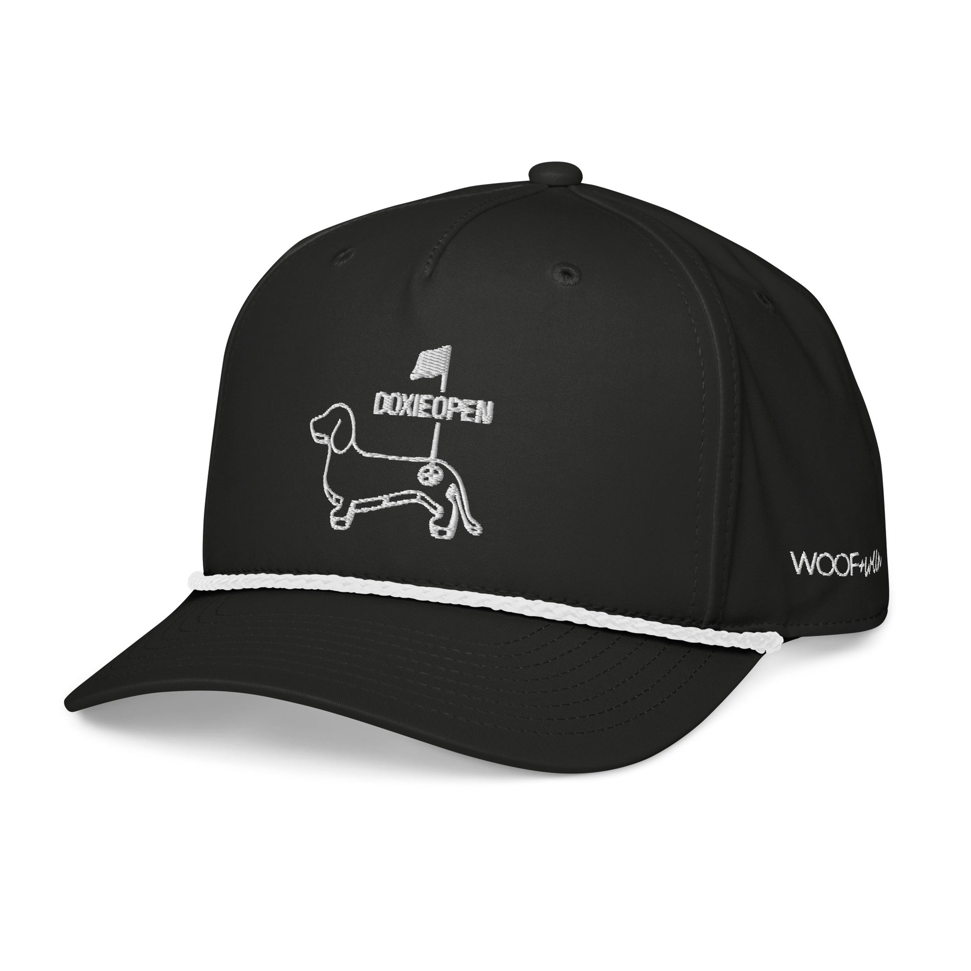 Black and white dachshund golf rope hat, weens on the greens design side view