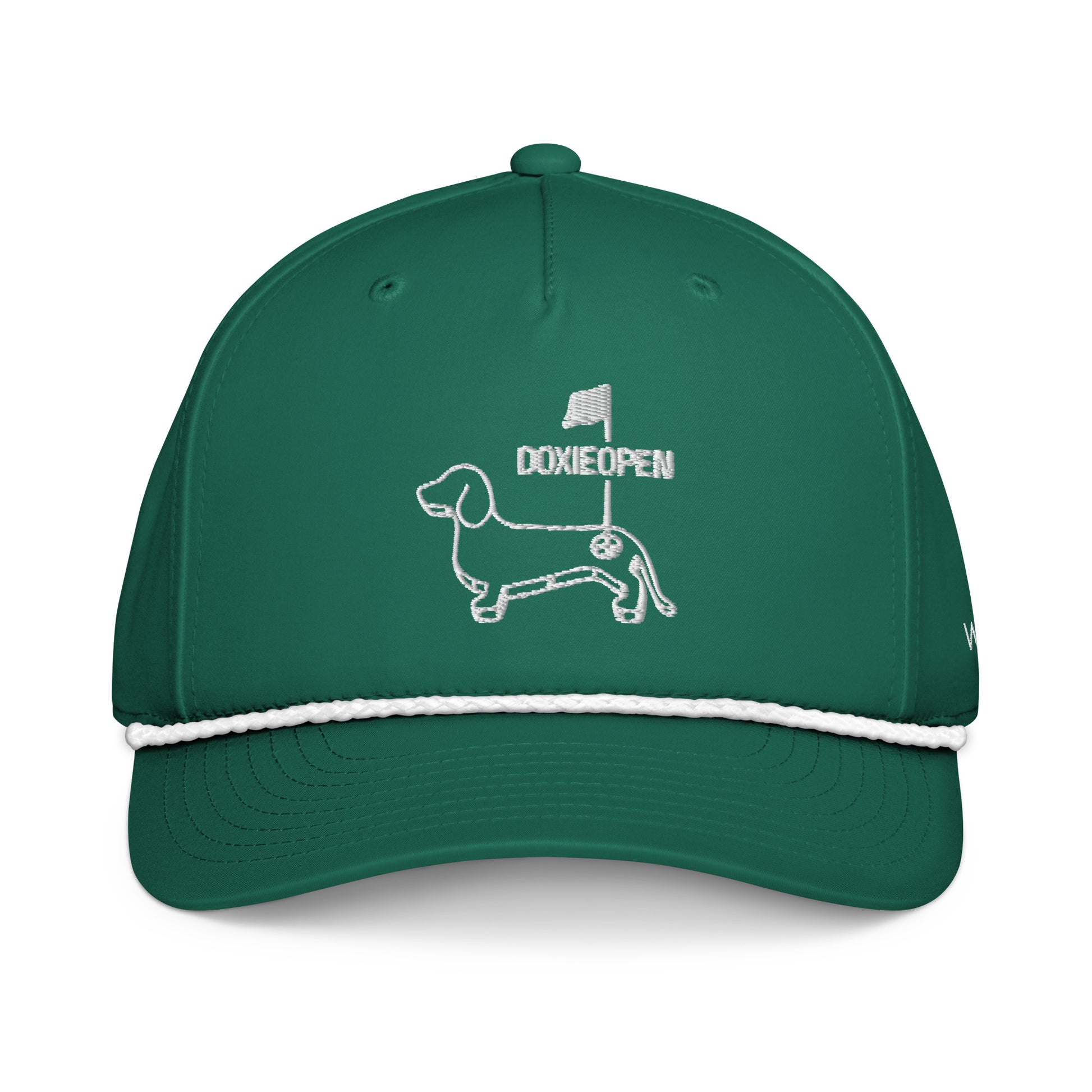 Kelly green and white dachshund golf rope hat, weens on the greens design front view