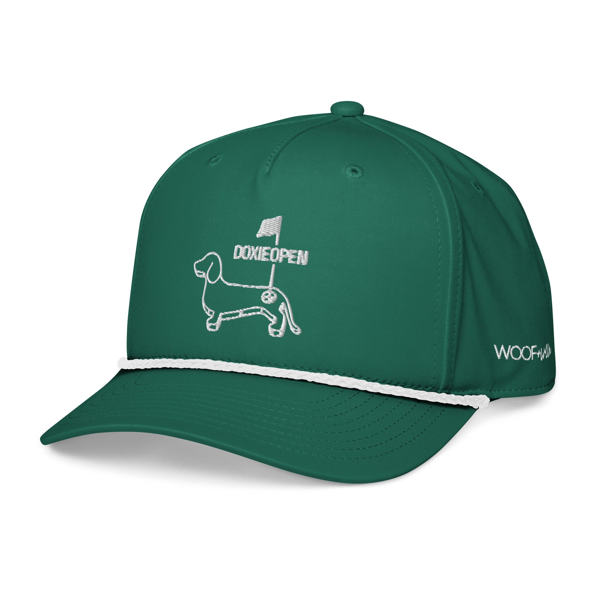 Kelly green and white dachshund golf rope hat, weens on the greens design side view