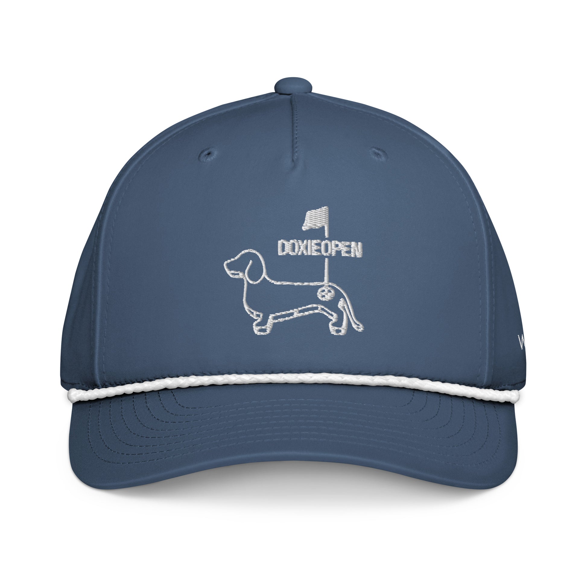 Light blue and white dachshund golf rope hat, weens on the greens design front view
