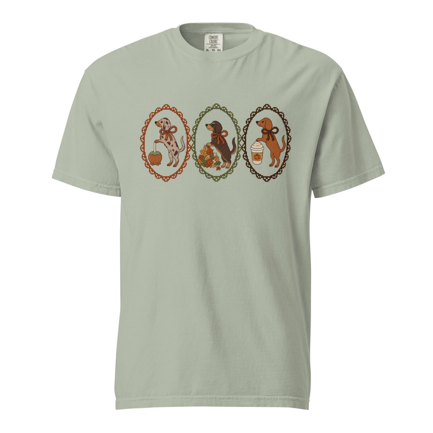 Dachshund shirt in bay, faux cross stitch doxies print