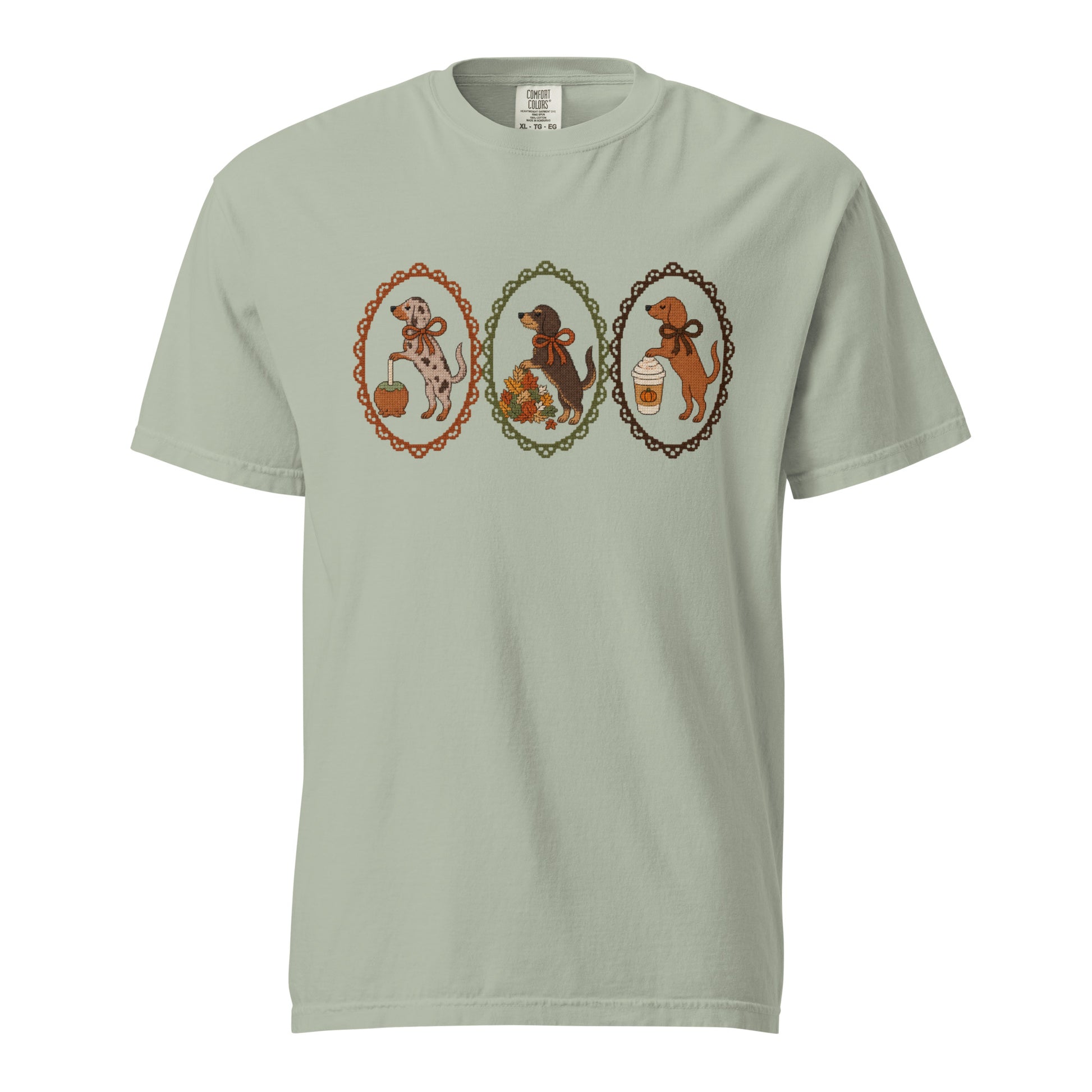 Dachshund shirt in bay, faux cross stitch doxies print