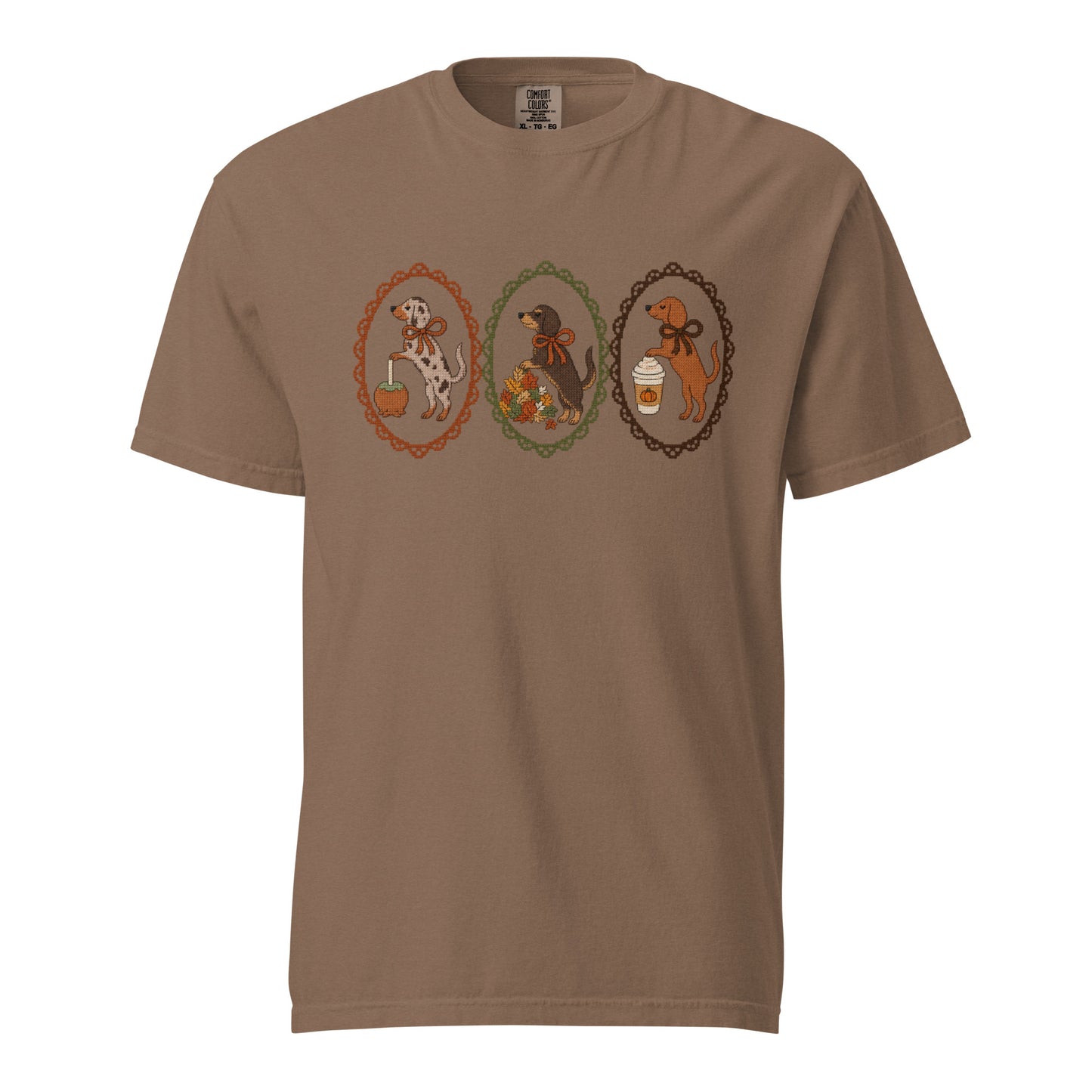 Dachshund shirt in espresso, faux cross stitch doxies print