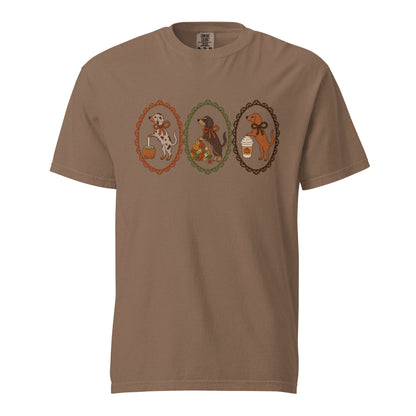 Dachshund shirt in espresso, faux cross stitch doxies print