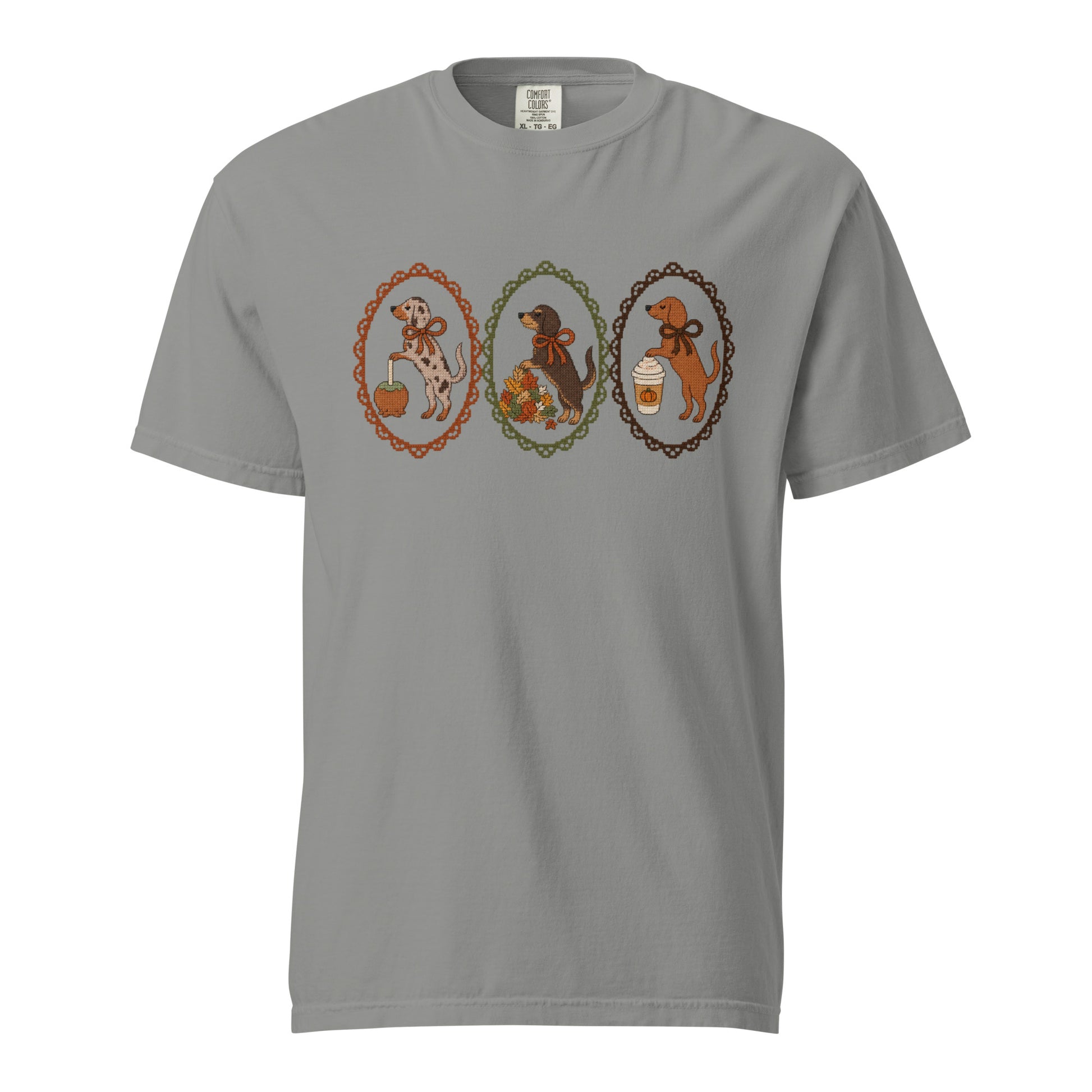 Dachshund shirt in grey, faux cross stitch doxies print