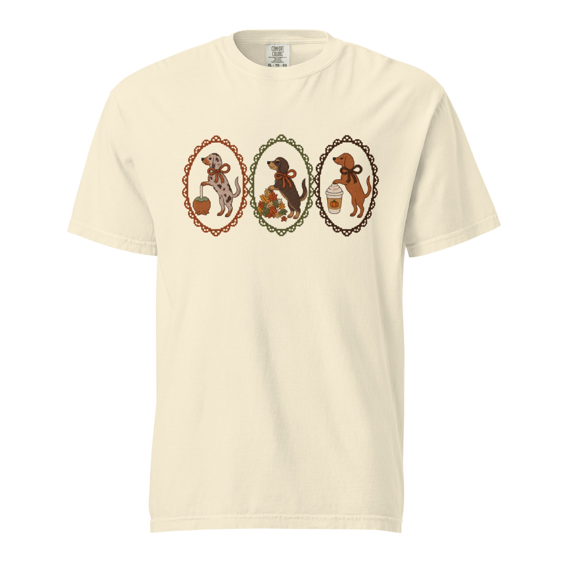 Dachshund shirt in ivory, faux cross stitch doxies print