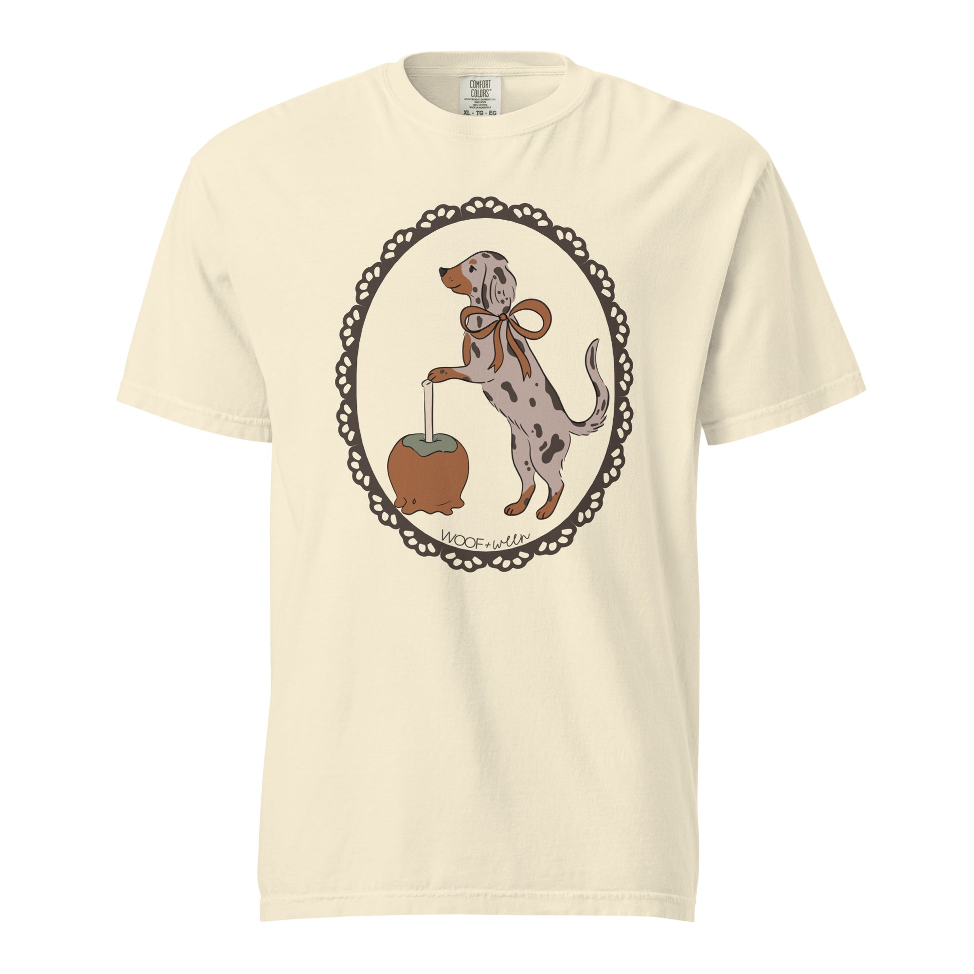 Dachshund shirt in ivory, Dapple Caramel Apple print for doxie lovers