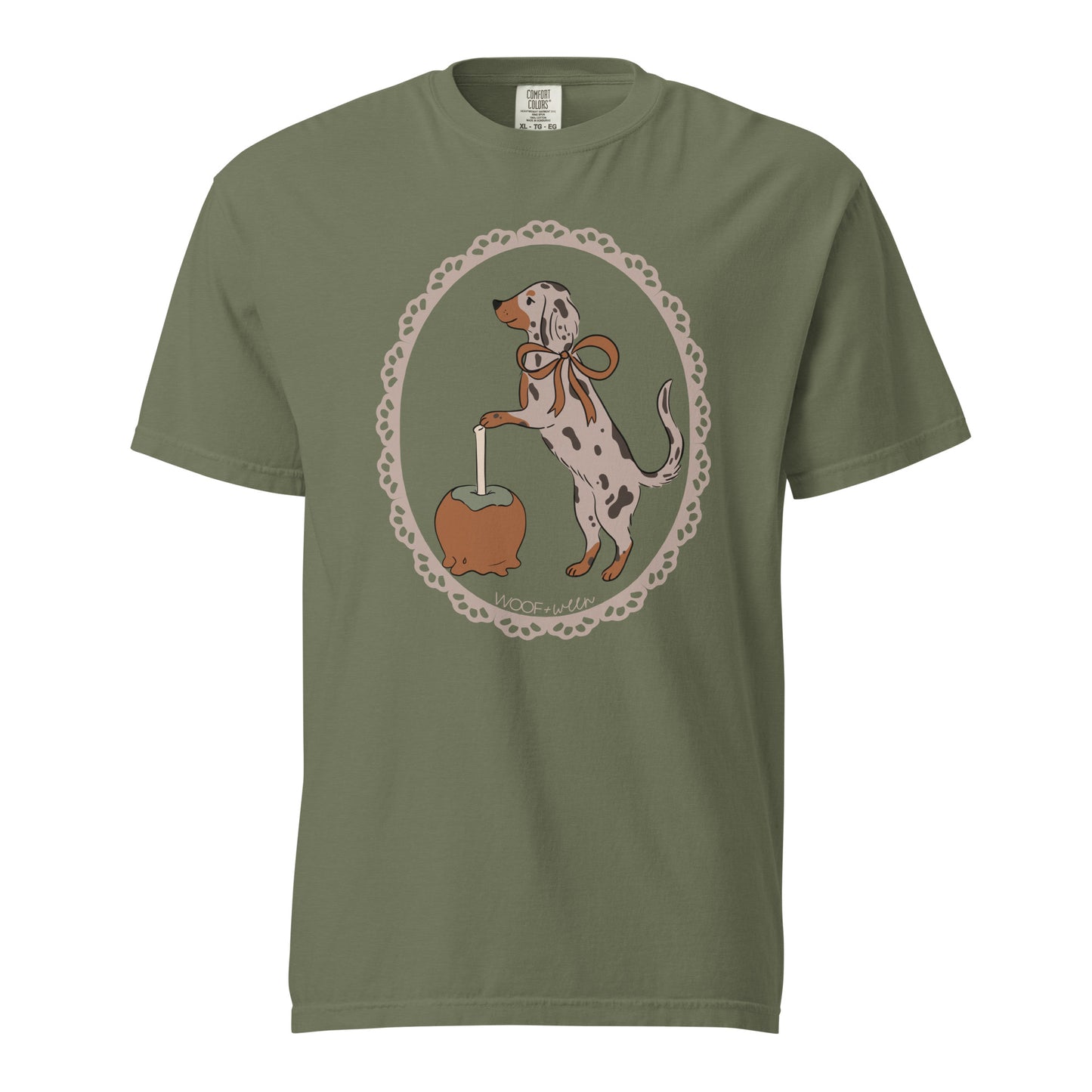 Dachshund shirt in moss, Dapple Caramel Apple print for doxie lovers