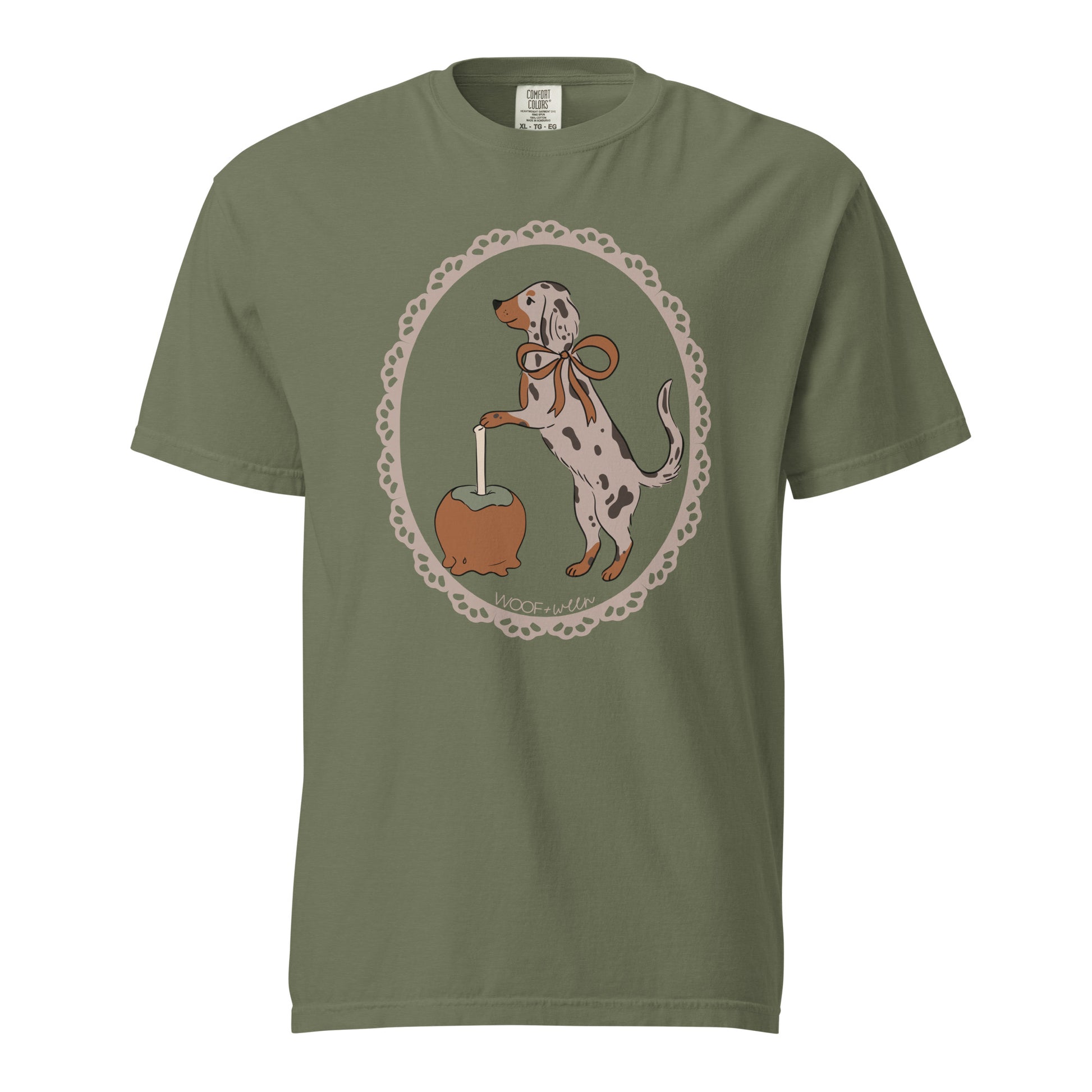 Dachshund shirt in moss, Dapple Caramel Apple print for doxie lovers