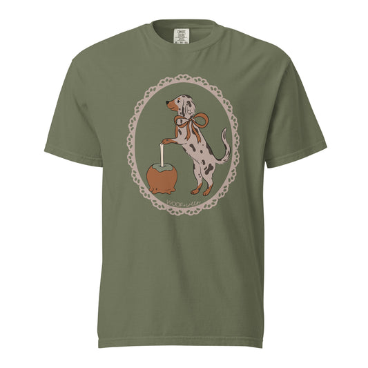 Dachshund shirt in moss, Dapple Caramel Apple print for doxie lovers