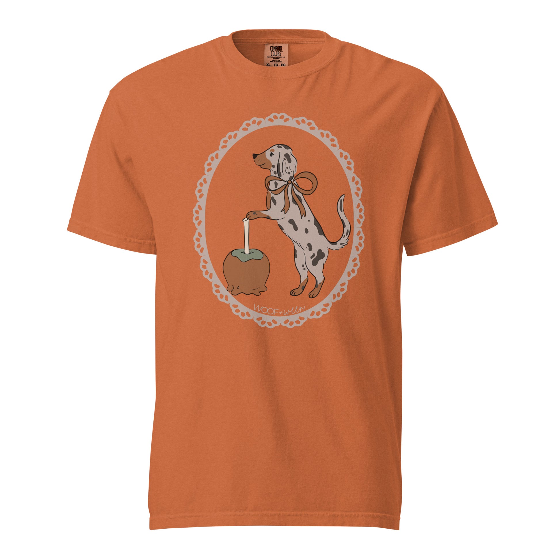 Dachshund shirt in yam, Dapple Caramel Apple print for doxie lovers