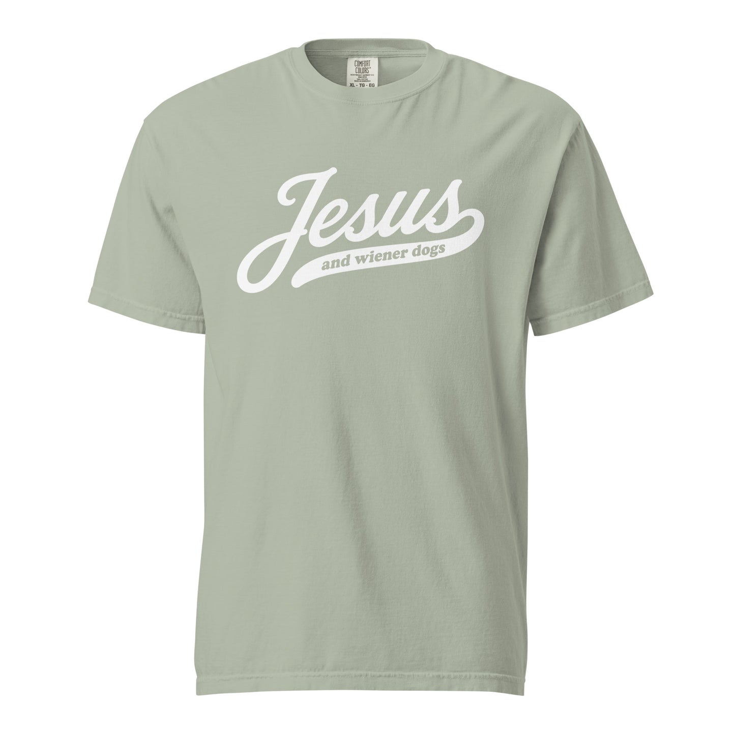 Dachshund shirt with Jesus and weenie dogs design in bay, front view