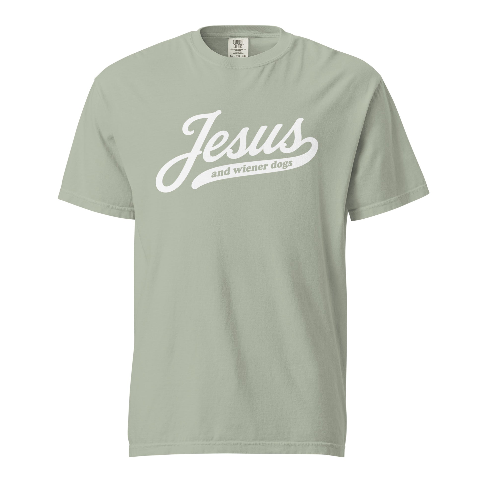 Dachshund shirt with Jesus and weenie dogs design in bay, front view
