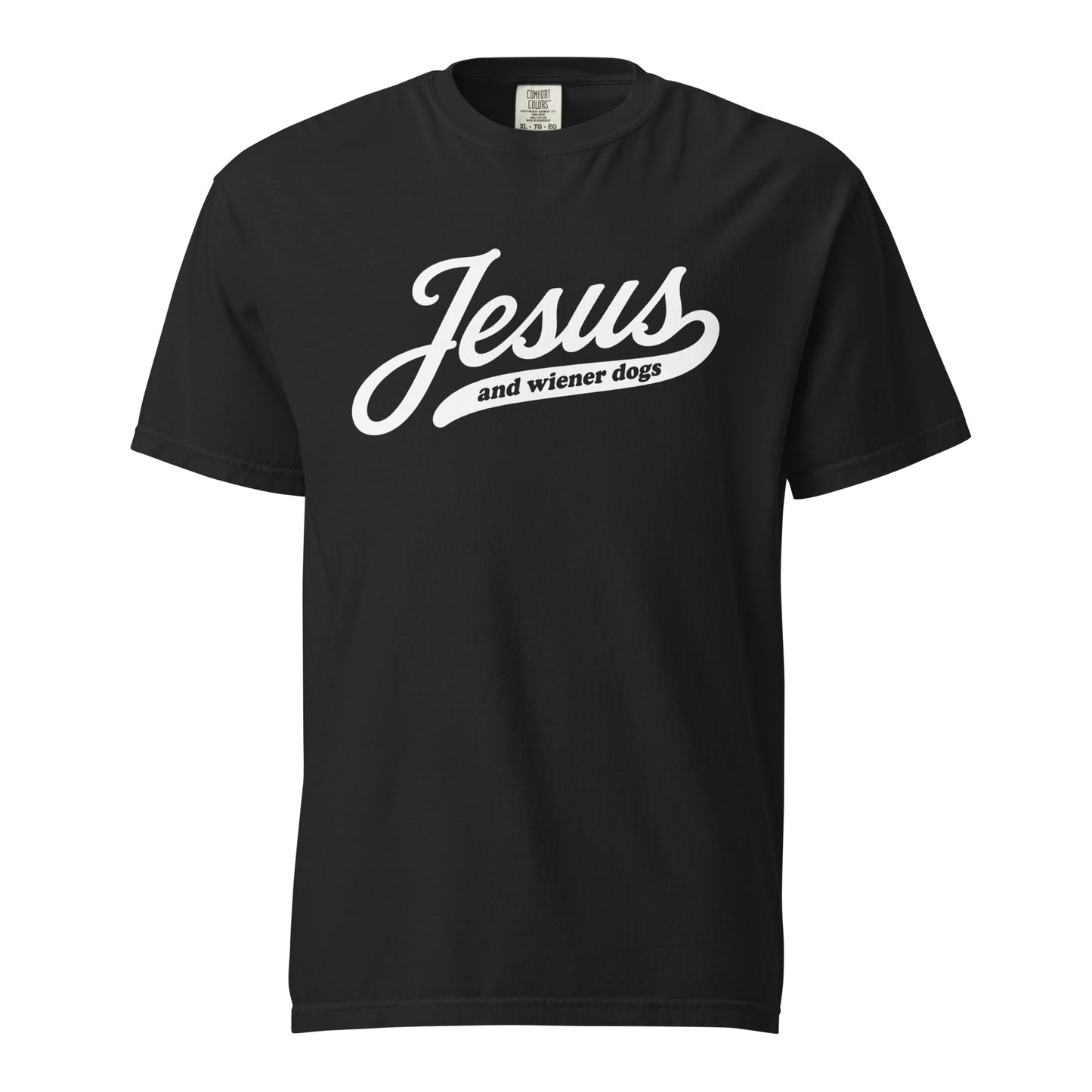 Dachshund shirt with Jesus and weenie dogs design in black, front view