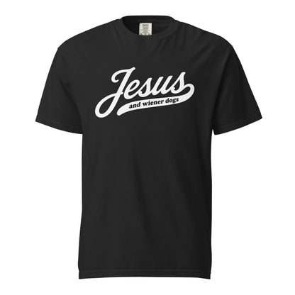 Dachshund shirt with Jesus and weenie dogs design in black, front view