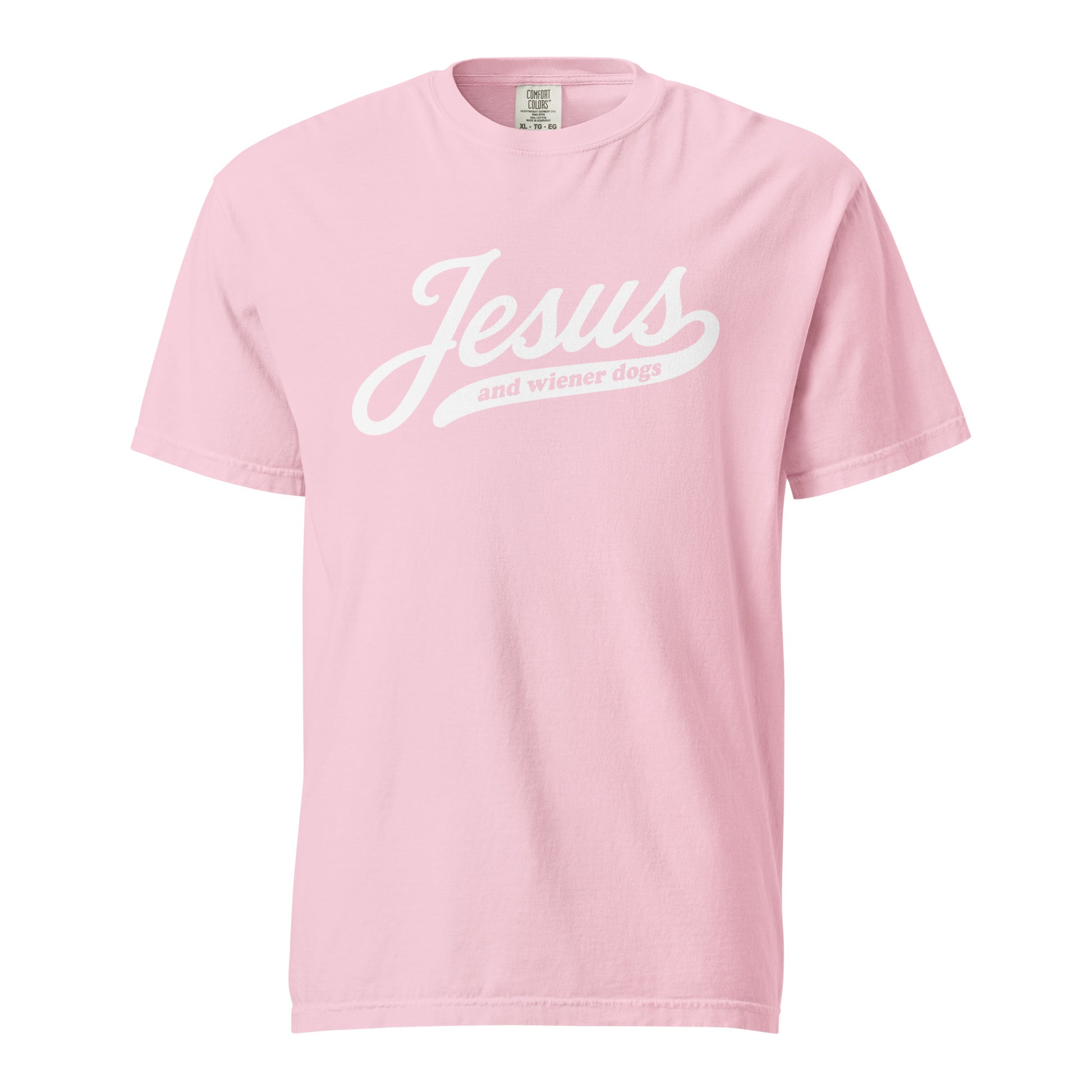 Dachshund shirt with Jesus and weenie dogs design in blossom, front view