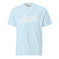 Doxie tee with Jesus and weenie dogs design in chambray, front view
