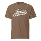 Doxie tee with Jesus and weenie dogs design in espresso, front view