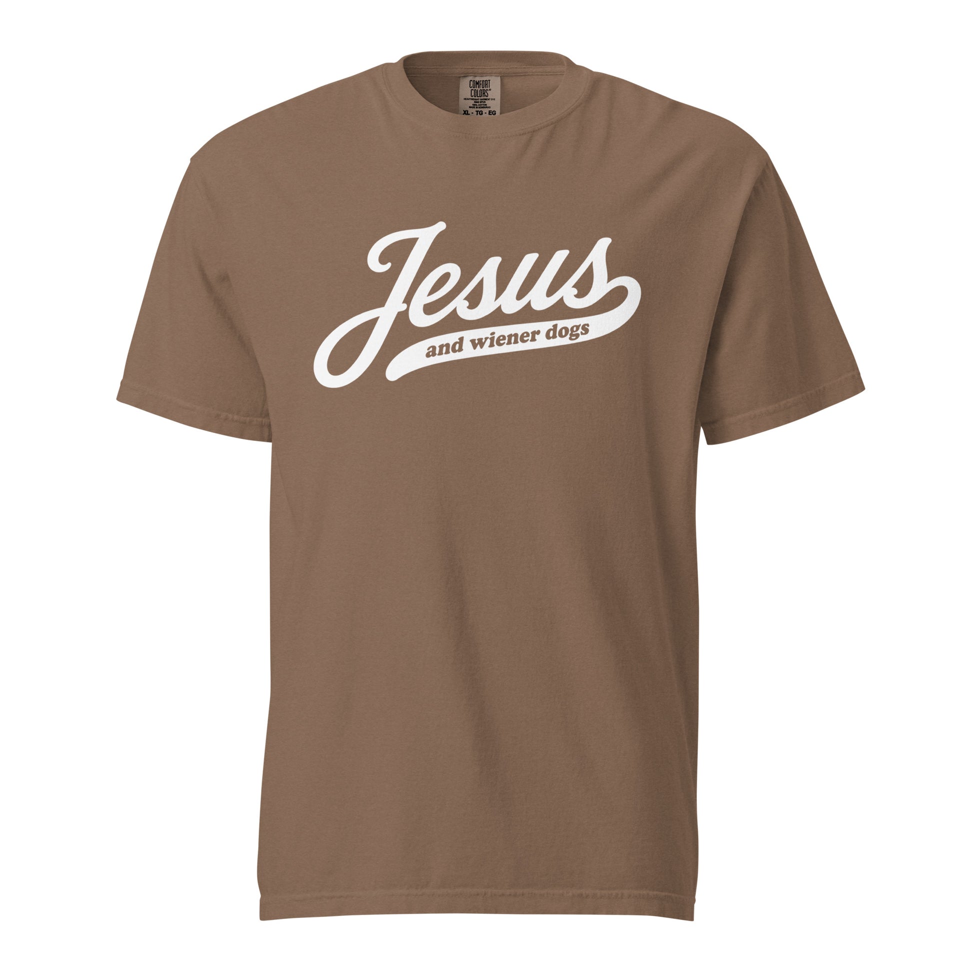 Doxie tee with Jesus and weenie dogs design in espresso, front view
