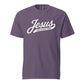 Doxie tee with Jesus and weenie dogs design in grape, front view