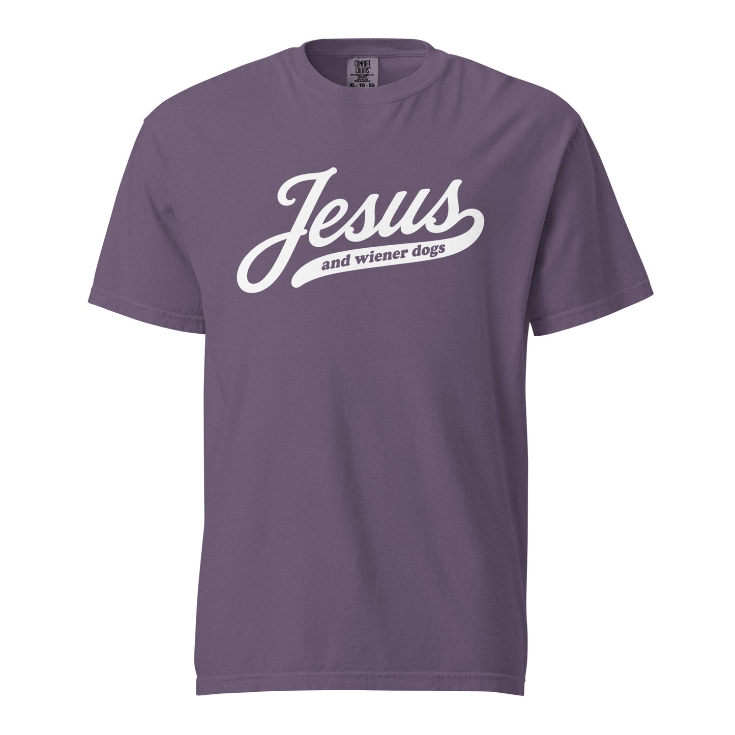 Doxie tee with Jesus and weenie dogs design in grape, front view