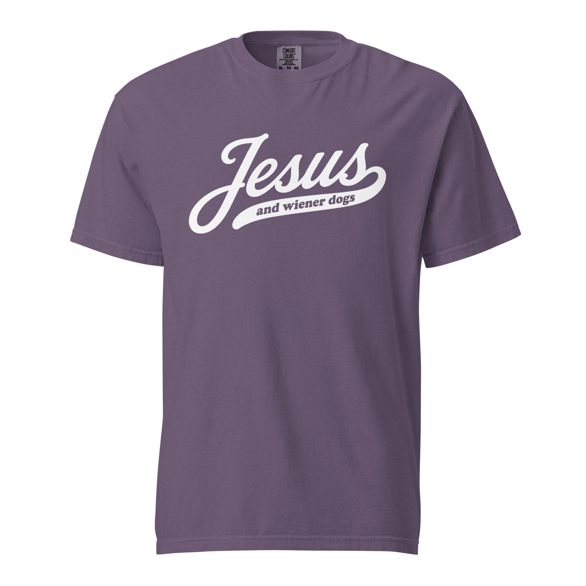 Doxie tee with Jesus and weenie dogs design in grape, front view