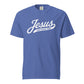 Dachshund shirt with Jesus and weenie dogs design in mystic blue, front view