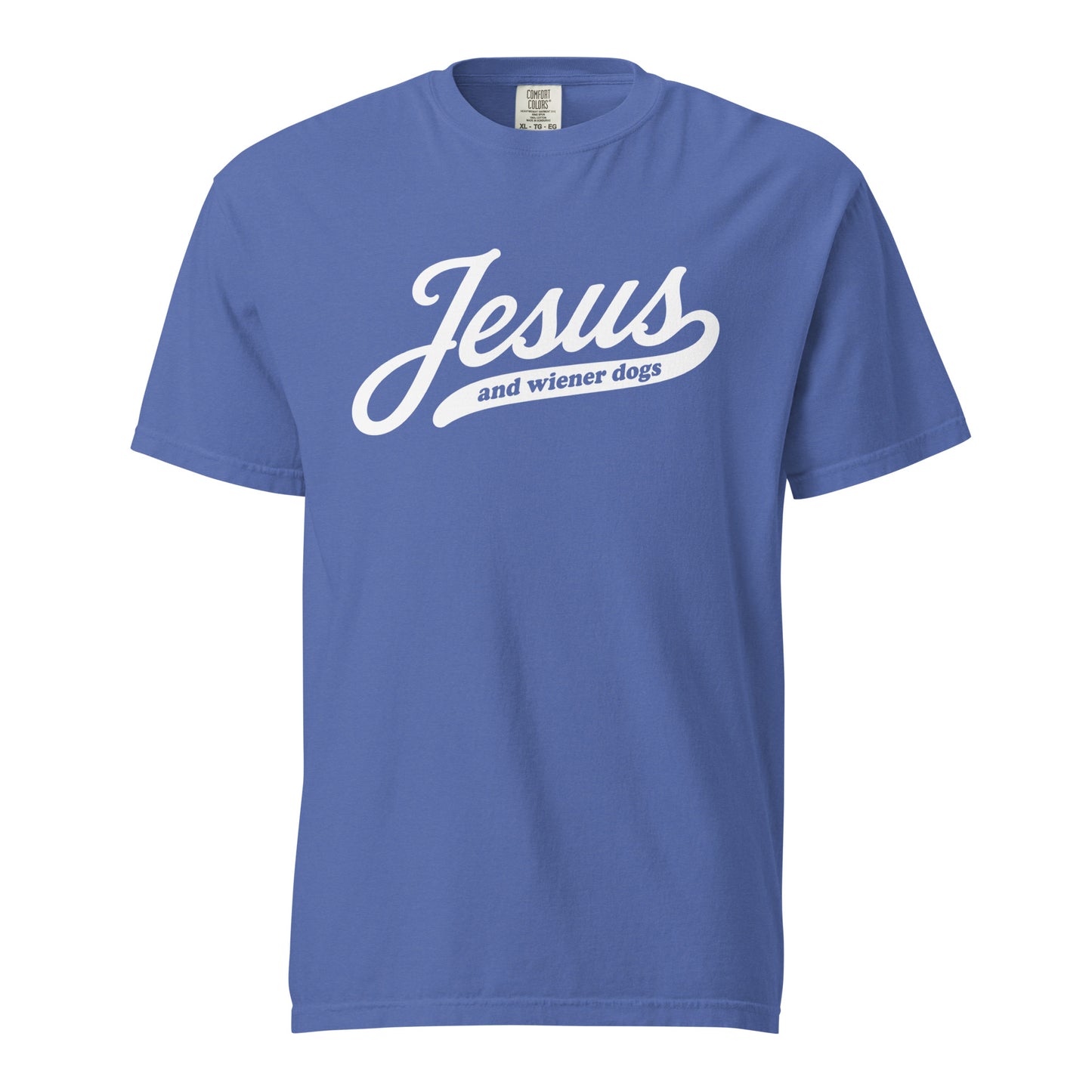 Dachshund shirt with Jesus and weenie dogs design in mystic blue, front view