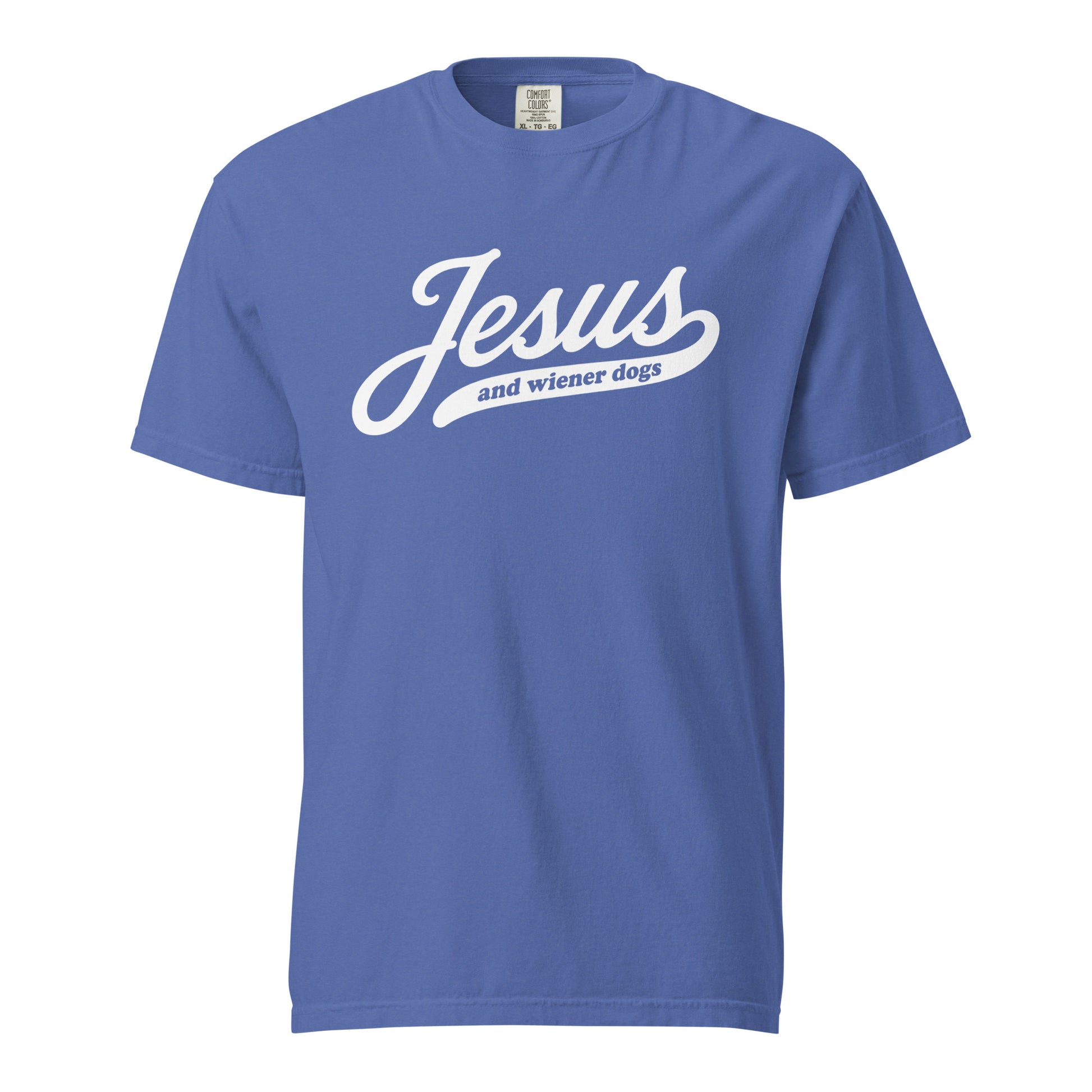 Dachshund shirt with Jesus and weenie dogs design in mystic blue, front view